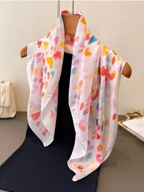 Lightweight White Scarf with Colorful Heart Brushprint